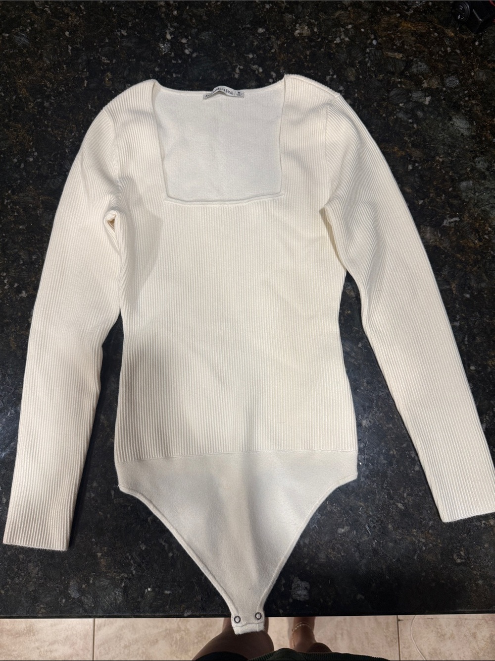 Abercrombie & Fitch Cream Ribbed Square-Neck Long Sleeve Bodysuit